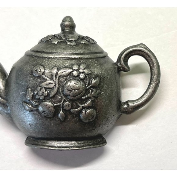 Vintage Pewter Teapot Floral  Brooch Pin 2.5" Across Silver Tone - Picture 5 of 5